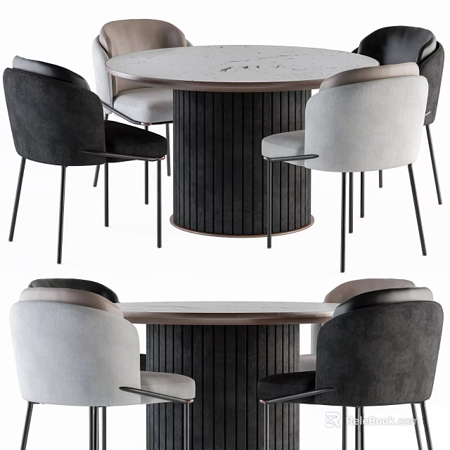 Modern Dining Table Set With Round Top Stripe Leg And Black Grey Chairs 3d model 
