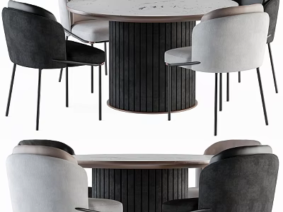 Modern Dining Table Set With Round Top Stripe Leg And Black Grey Chairs 3d model