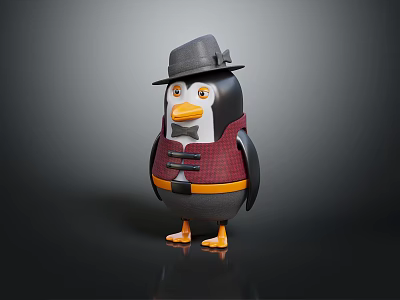 Cute 3D Penguin Character With Gray Hat Red Vest Black Buttons And Orange Feet 3d model