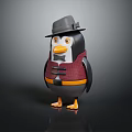 Cute 3D Penguin Character With Gray Hat Red Vest Black Buttons And Orange Feet