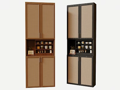 Modern Brown and Dark Wood Sideboard Cabinets with Grid Door Design Interior Cups Decorative Items 3d model
