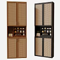 Modern Brown and Dark Wood Sideboard Cabinets with Grid Door Design Interior Cups Decorative Items
