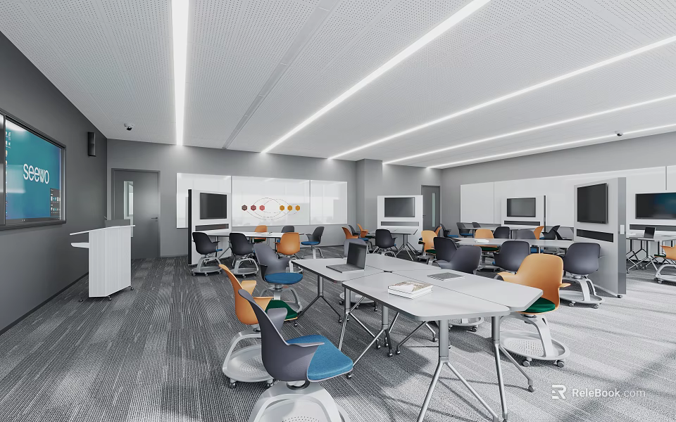 Modern School Classroom With Tables Chairs Computers Whiteboard And Ceiling Lights 3d model 