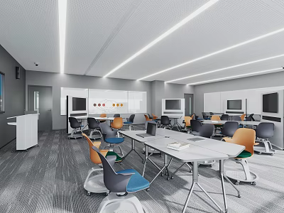 Modern School Classroom With Tables Chairs Computers Whiteboard And Ceiling Lights 3d model
