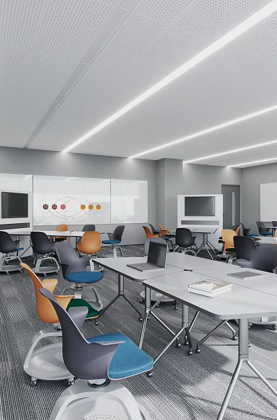 Modern School Classroom With Tables Chairs Computers Whiteboard And Ceiling Lights 3d model