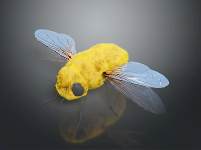 Yellow Fuzzy Insect With Transparent Wings Black Eyes And Reflection On Dark Surface 3d model