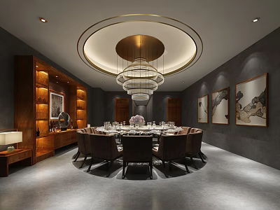 Elegant Private Dining Room Interior With Round Table Chandelier Wooden Shelves And Wall Paintings 3d model