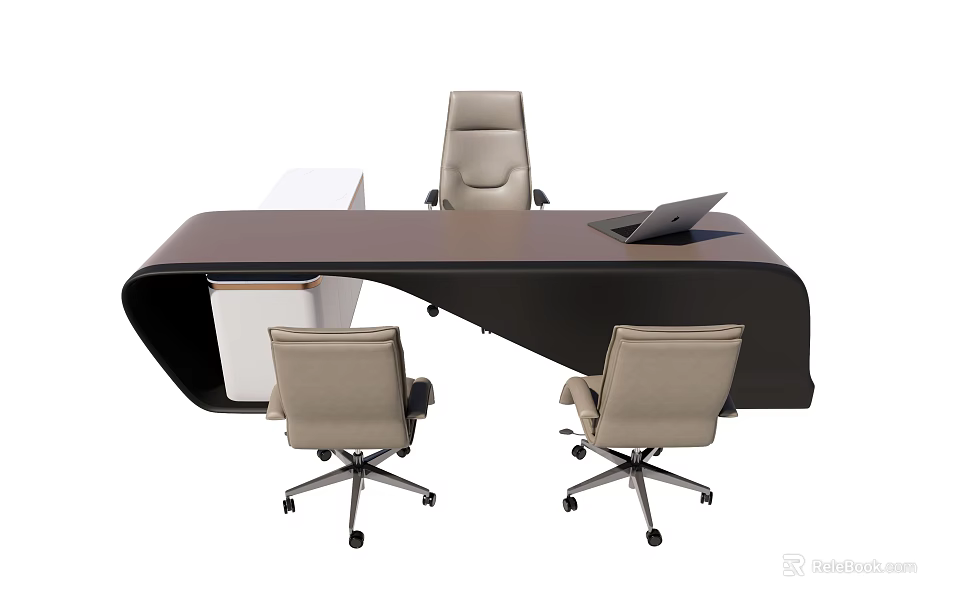 Modern Curved Office Desk with Three Ergonomic Office Chairs and Laptop on Workspace 3d model 