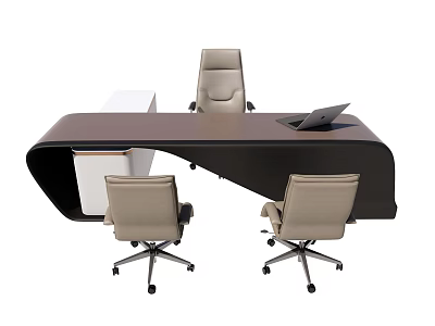 Modern Curved Office Desk with Three Ergonomic Office Chairs and Laptop on Workspace 3d model
