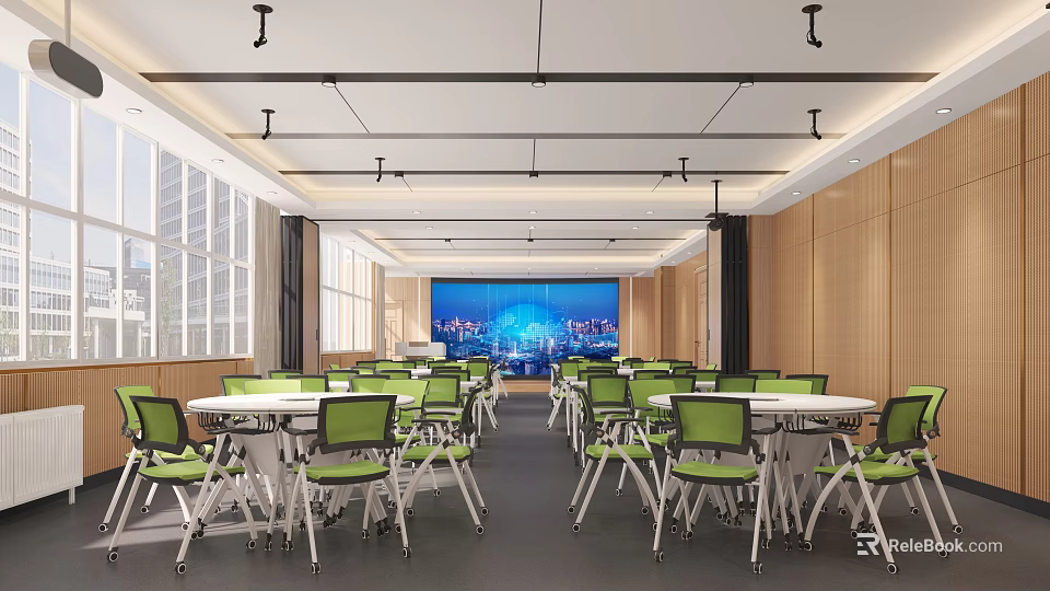 Modern School Classroom With Large Digital Screen Green Desks Chairs And Windows 3d model 