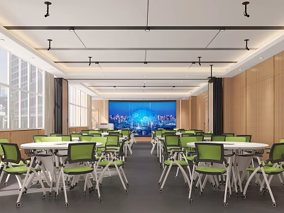 Modern School Classroom With Large Digital Screen Green Desks Chairs And Windows 3d model
