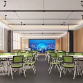 Modern School Classroom With Large Digital Screen Green Desks Chairs And Windows