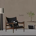 Tacchini Black Leather Lounge Chair With Wooden Frame Floor Lamp And Side Table Green Plant