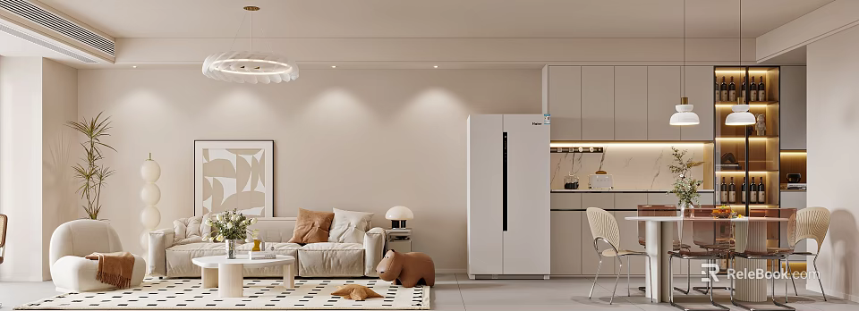 Modern Living and Dining Area Interior with Sofa Coffee Table Rug and White Refrigerator 3d model 