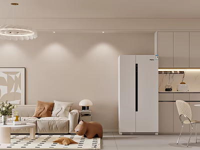 Modern Living and Dining Area Interior with Sofa Coffee Table Rug and White Refrigerator 3d model