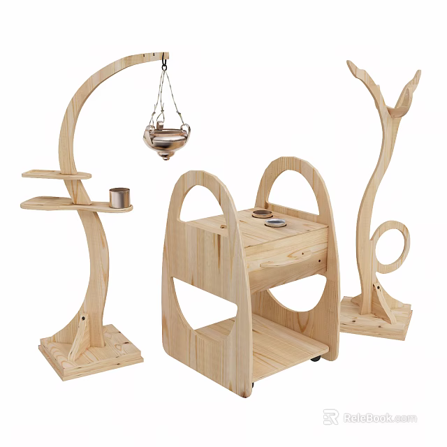 Wooden Dining Table With Curved Design Shelves And Decorative Storage Elements 3d model