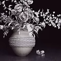 Woven Texture Vase with Pink White Flowers Green Leaves and Scattered Blooms on Dark Background
