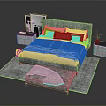 Modern Double Bed With Pillows Comforter Side Tables Footstool Decorative Painting And Rug