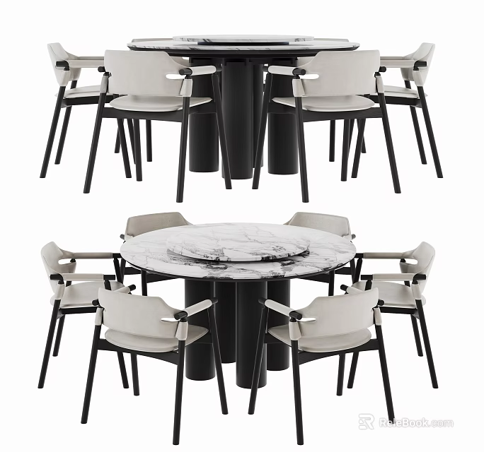 Modern Fabric Upholstered Dining Chairs With Black Frame Around Round Marble Table 3d model