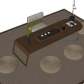 Natural Wooden Tea Table With Four Rattan Stools And Tea Set Decoration