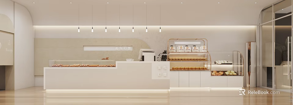 Modern Pastry Shop Interior With Pendant Lights And Display Shelves 3d model 