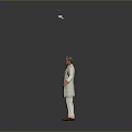 Man in White Coat and Pants with Glasses Tie Standing on Gray Background Arms Outstretched