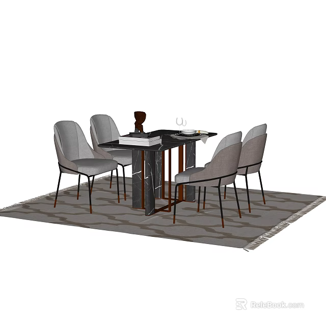 Modern Dining Table Set With Marble Top Four Dining Chairs And Decorative Rug 3d model