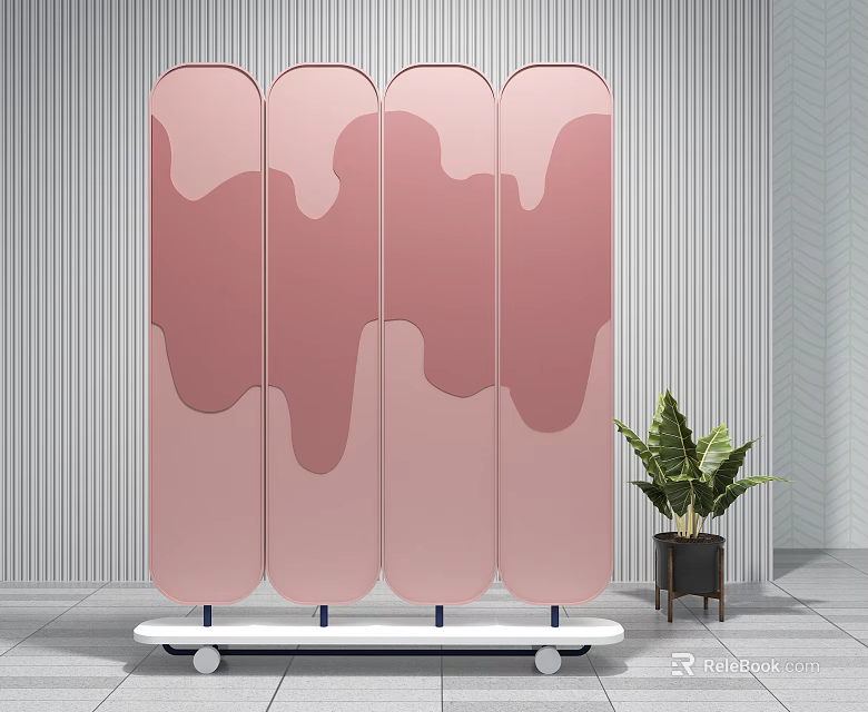 Pink Multi Panel Room Divider With Wavy Pattern On Wheeled Base Next To Potted Plant 3d model