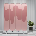 Pink Multi Panel Room Divider With Wavy Pattern On Wheeled Base Next To Potted Plant 3d model