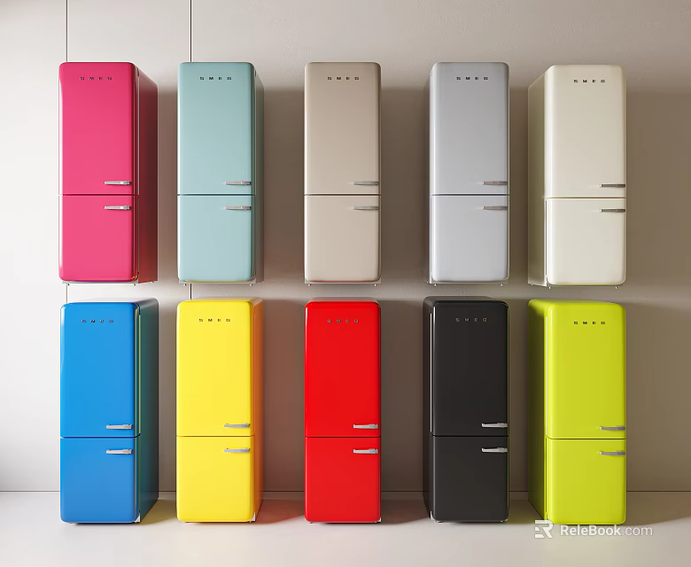 Modern Colorful Refrigerators with Various Vibrant Hues for Home Kitchen Use 3d model 
