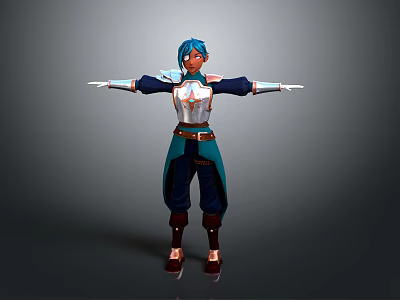 3D Character Model With Blue Hair And Armored Costume Standing Arms Outstretched 3d model