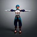 3D Character Model With Blue Hair And Armored Costume Standing Arms Outstretched