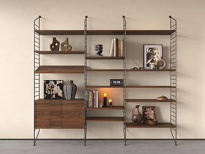 Modern Bookshelf With Metal Frame And Wooden Shelves Displaying Books Vases Picture Frame And Candle 3d model