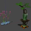 Beautiful Bonsai Plants Featuring Pink Flowers Blue Pots And Green Tree In Jade Planter
