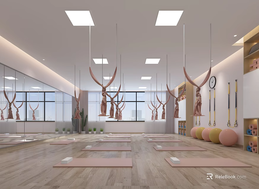 Modern Yoga Workout Space With Aerial Hammocks Yoga Mats Mirrors And Exercise Balls 3d model 