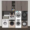 Wooden Laundry Cabinetry With Stacked Washing Machines Dryers And Storage Shelves For Supplies