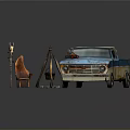Vintage Blue Pickup Truck On Green Grassy Ground With Brown Chair And Tripod Lamp