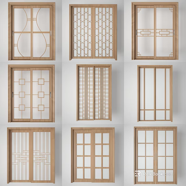 Various Design Wooden Sliding Doors With Glass Panels And Grid Patterns 3d model 