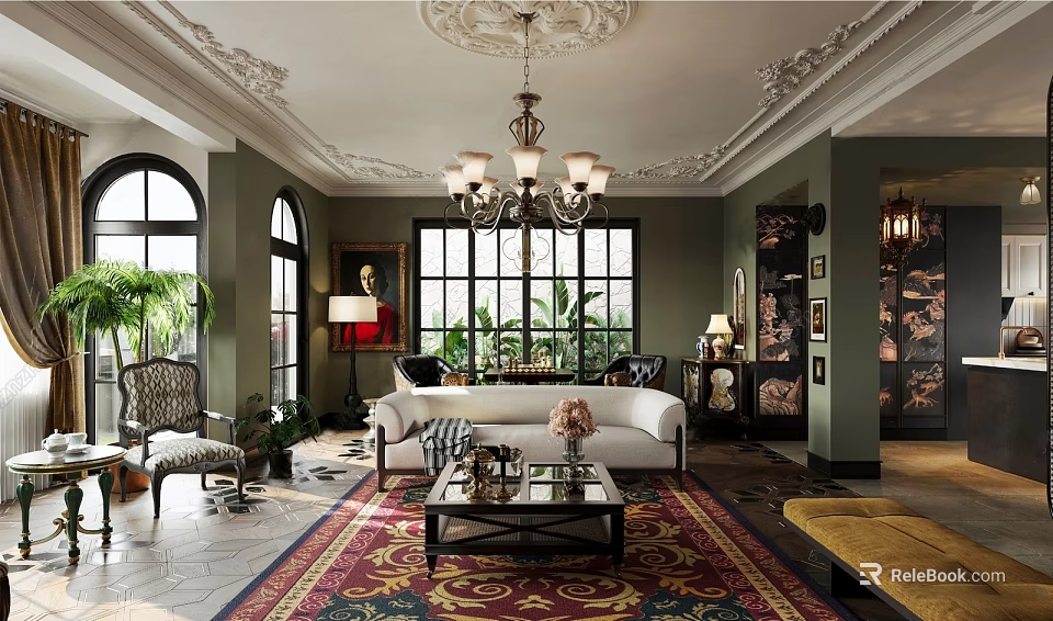 Vintage Chic Living And Dining Room Interior Design With Ornate Ceiling And Retro Comfortable Furniture 3d model 
