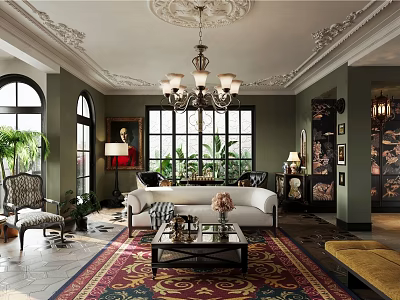 Vintage Chic Living And Dining Room Interior Design With Ornate Ceiling And Retro Comfortable Furniture 3d model