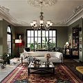 Vintage Chic Living And Dining Room Interior Design With Ornate Ceiling And Retro Comfortable Furniture