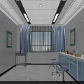 Medical Examination Room With White Walls Blue Curtains Green Notice Boards Countertops And Stools