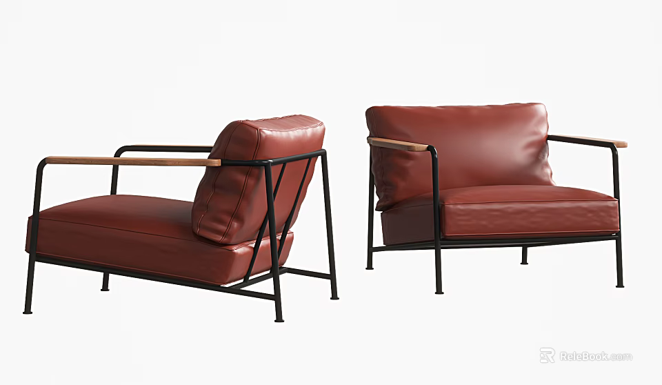 Modern Red Leather Single Sofa With Black Metal Frame And Armrest Design 3d model 