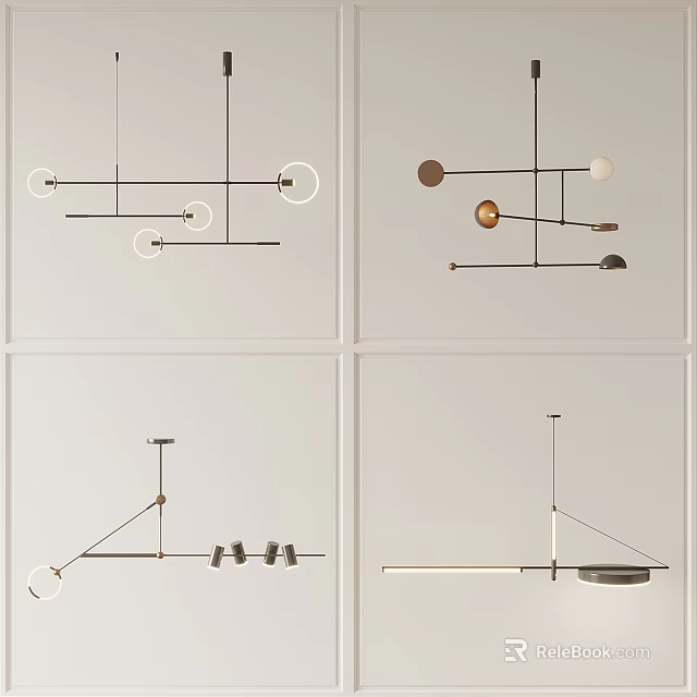Modern Minimalist Geometric Metal Pendant Lights With Linear And Circular Elements 3d model