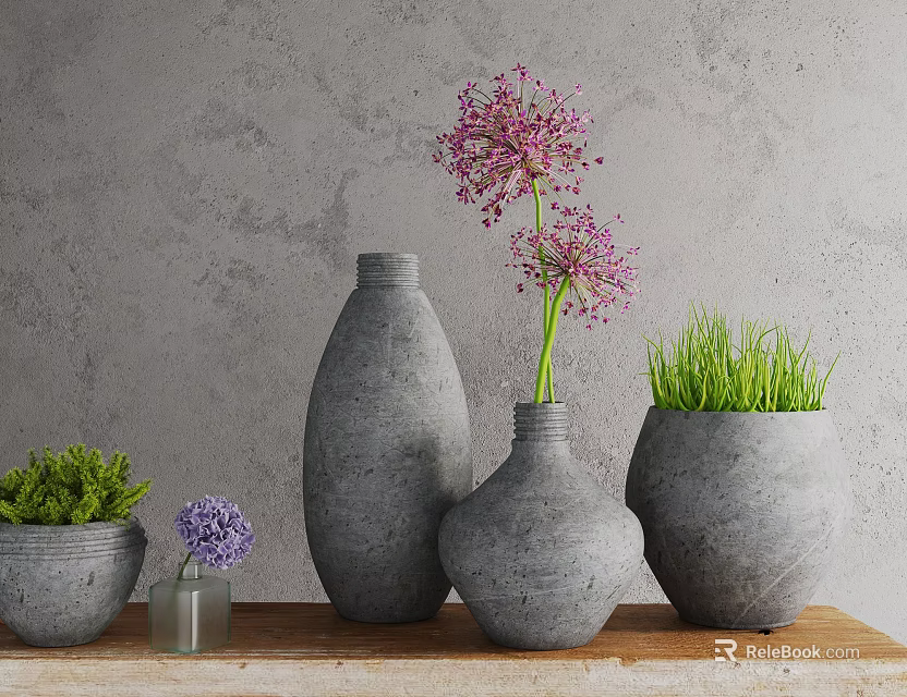 Gray Concrete Vases With Purple Flowers And Green Grass On Wooden Shelf 3d model 