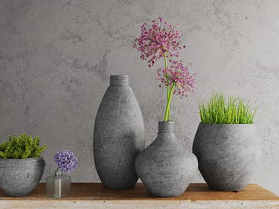 Gray Concrete Vases With Purple Flowers And Green Grass On Wooden Shelf 3d model