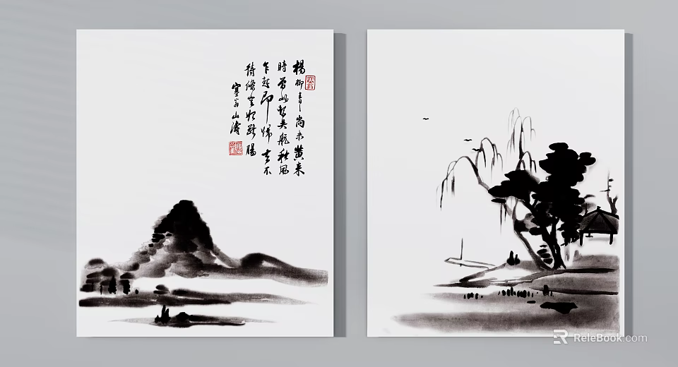 Traditional Chinese Ink Wash Landscape Painting With Mountains Willow Trees And Small Boat 3d model 