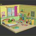 Kids Bedroom Interior With Yellow Walls Window Curtains Bed Scooter Toys And Bookshelf