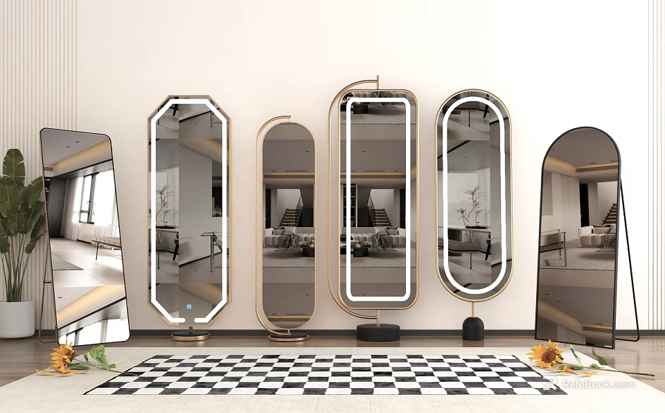 Various Shaped Mirrors With Golden Frames And LED Lights In Modern Living Room 3d model 