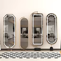 Various Shaped Mirrors With Golden Frames And LED Lights In Modern Living Room